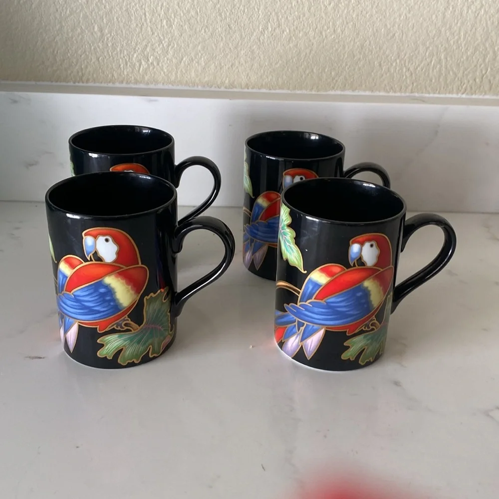 Vintage Fitz & Floyd Jungle Parrot Mugs Set of 4 FLAW
